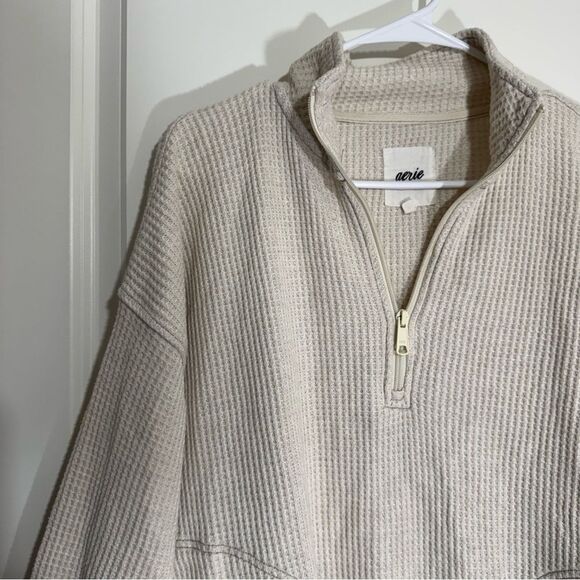 Aerie Cream Waffle Knit Half Zip Pullover Sweater - Picture 4 of 6